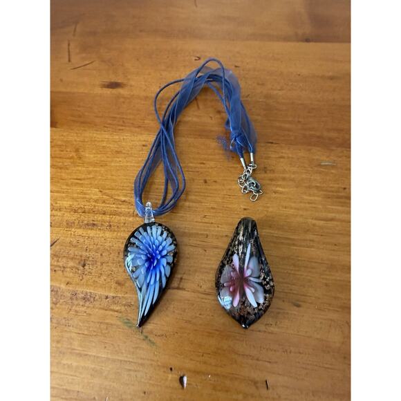 Unbranded Jewelry - Art Glass Pendant Necklace Blue Floral + Extra Pendant Murano Style